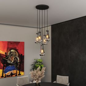 5 Light Cluster Pendant Lights, Black High Ceiling Chandeliers Adjustable, Living Room Pendant Light, Foyer Chandeliers, Stairwell Pendant Lighti
