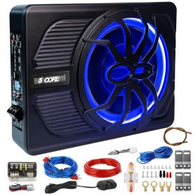 5 CORE 10 inch Slim Under Seat Car Audio Subwoofer 800W Active Powered Under-Seat Built in Amplifier Truck Sub Woofer in Enclosure Box Blue Ambie