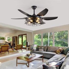 52" Modern Black Ceiling Fan with Light, 6 Fan Blades and Industrial Cage Design, Adjustable Speed for Living Room, Bedroom (Color: Black, Material: Iron)